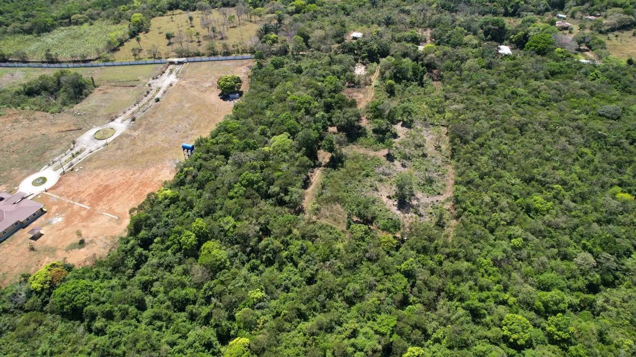 Vista aérea del terreno de 16,297 m² en La Acequia, Potrerillos, rodeado de vegetación y áreas naturales.